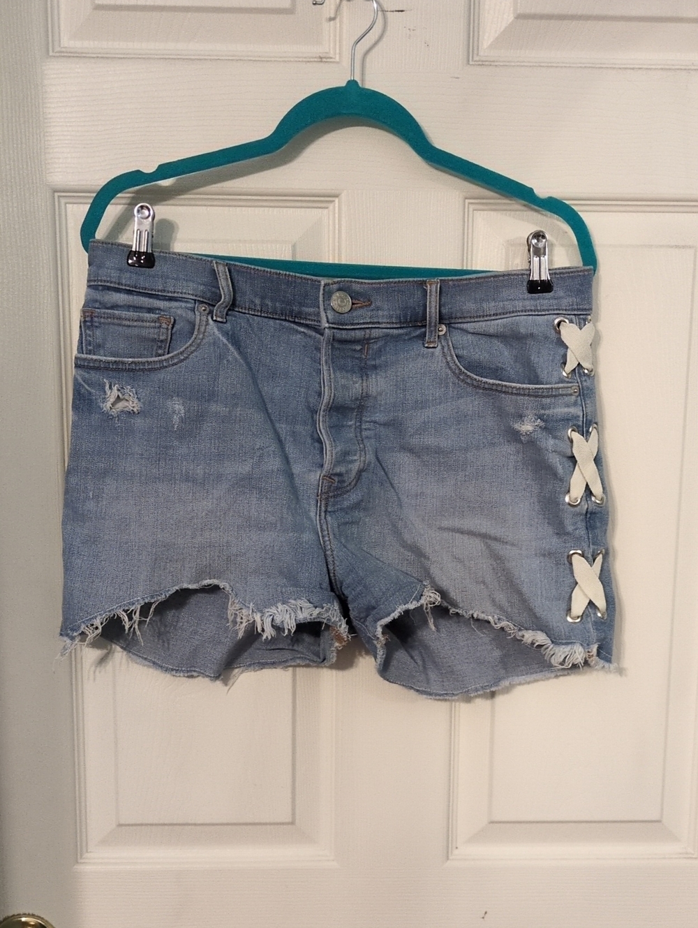 Express Light Blue Denim Shorts with White Side Lace-Up